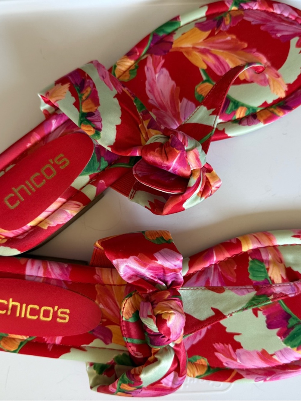 Chico's Floral Knot Slide Sandals in Fuchsia & Mint